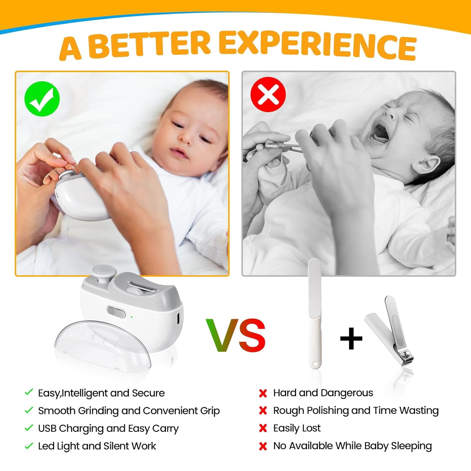 Electric Nail Trimmer for Baby with LED Light, 2 in 1 Automatic Safety Fingernail Clipper and File with Nail Scraps Storage for Newborn, Kids, Adult, Elderly, 2 Speeds, USB Rechargeable