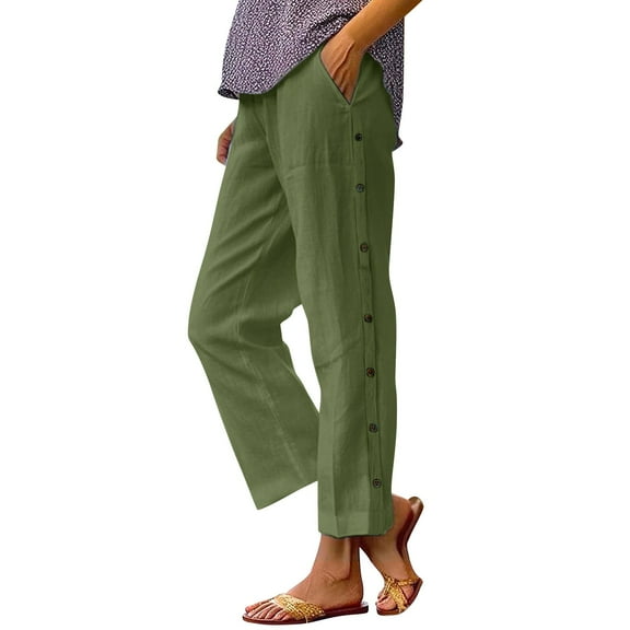 BKQCNKM Linen Pants Women, Petite Pants for Women, Flowy Pants for Women, Women Fashion Solid Color Cotton Elastic Long Pants Beach Leisure Trousers a Of, Gauze Pants, Army Green L