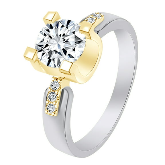 AFFY 14k White Gold Over Sterling Silver Round Shape White Cubic Zirconia Antique Two Tone Engagement Ring