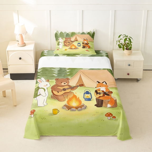 Manfei Cute Bear Twin Sheets,Camping Animal Print Bedding,Green,3pcs,1 Fitted Sheet and 1 Pillowcase