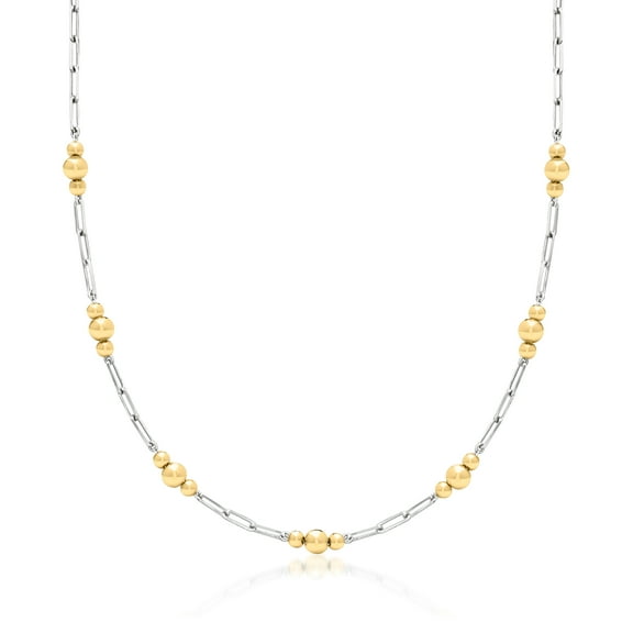 Ross-Simons Sterling Silver and 18kt Gold Over Sterling Alternating Paper Clip Link and Bead Station Necklace, Women's, Adult