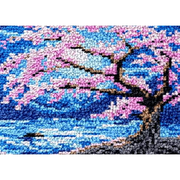 Blossom Cherry Tree Blue Moon Latch Hook Rug Kit for Adults DIY Carpet Cushion with Printed Canvas Crochet Yarn Craft Hook and Latch Tapestry for Floor Decoration Pets Warm Pads 52x38cm