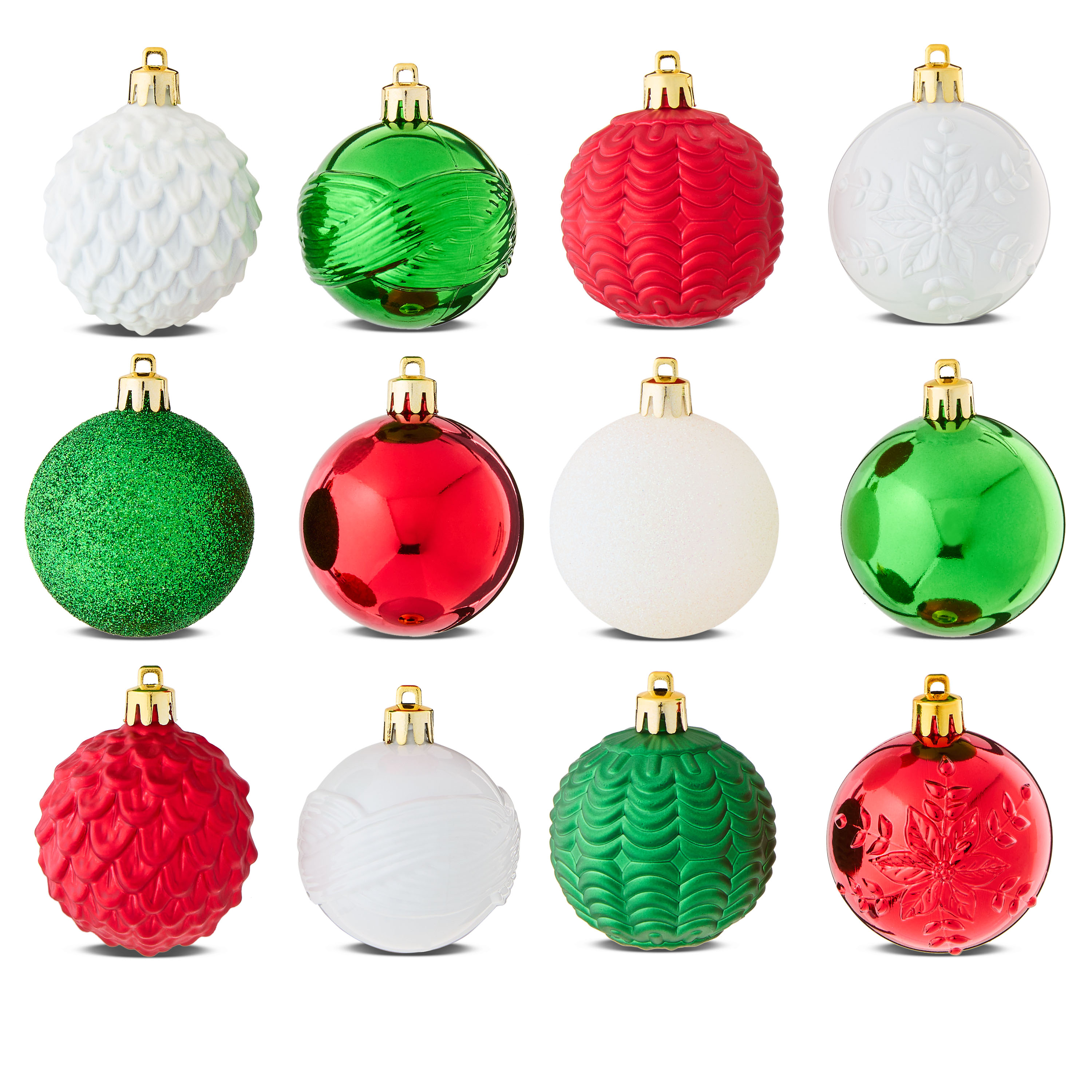 24-Count Red, Green, and White Shatterproof Multi-Textured Christmas Ornaments, 2.36 in, by Holiday Time