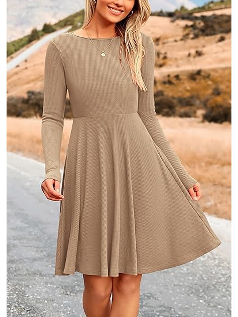 PRETTYGARDEN Women's Spring Fall Short Dress Ribbed Knit Crewneck Long  Sleeve A Line Flowy Casual Elegant Going Out Dresses - Walmart.com