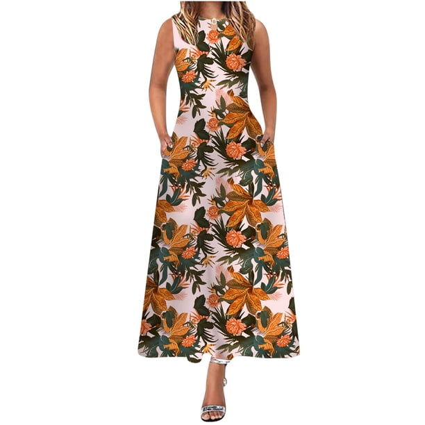 Vestido de mujer sin mangas con cuello redondo y bolsillo floral vintage grande OAVQHLG3B Store lin121212