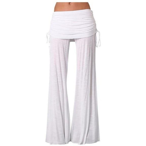 VERUGU Wide Leg Pants Woman Casual Loose Mid Waist Palazzo Pants with Pockets Solid Split Layer Lounge Straight Baggy Comfort Daily Trousers Versatile Loose Full-Length Slack White S