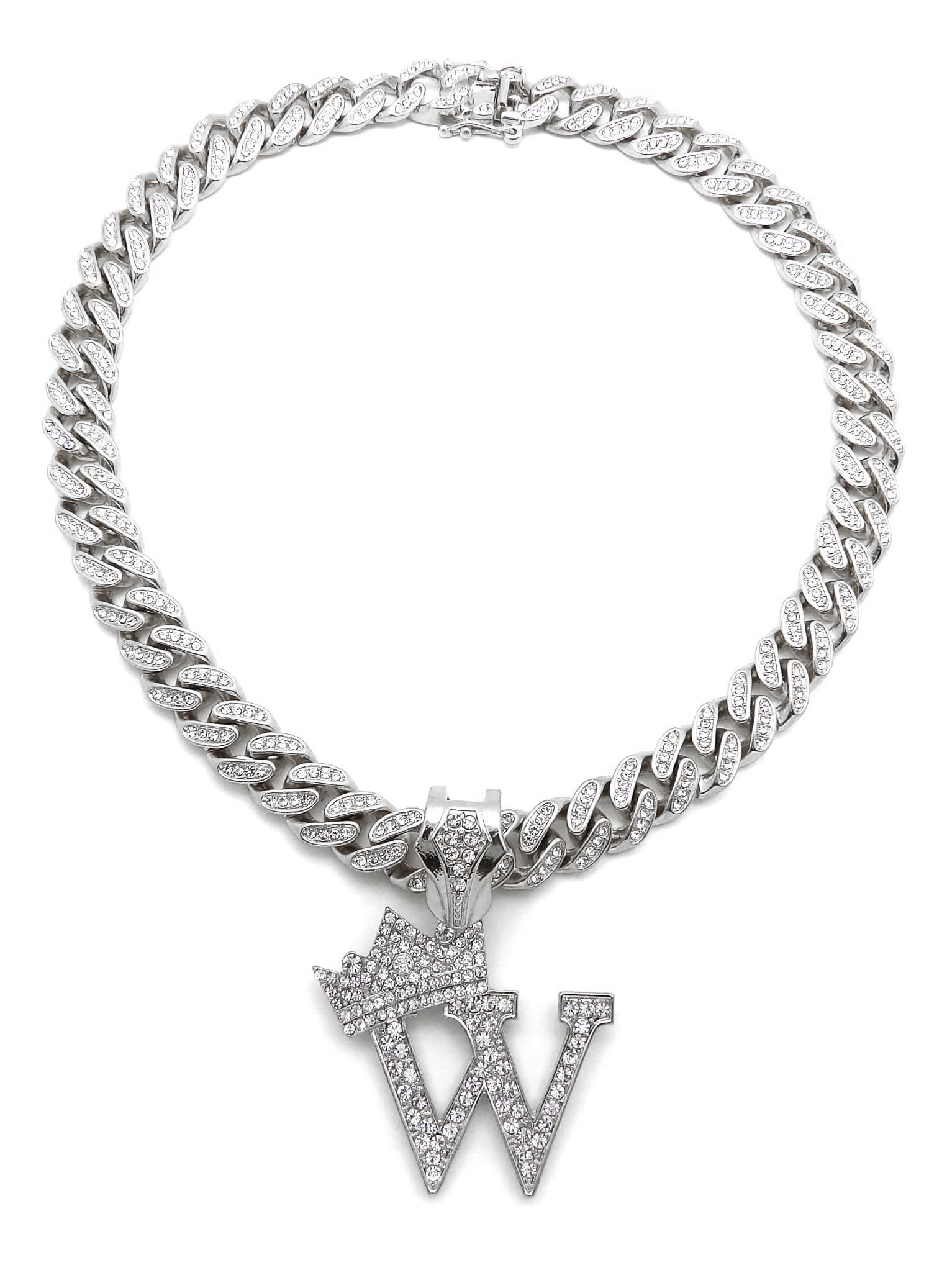 Ice Lab NYC - Hip Hop Unisex Fashion Crown Initial Letter Pendant W w/ 18&quot; Silver Tone Box Lock Iced Out Cuban Chain