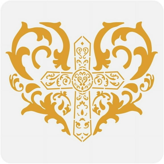 Love Cross Damask Stencil for Painting 11.8x11.8 inch Decorative Love Heart Pattern Template Hollowed Cross Damask Stencil Large Religion Theme Template for Painting on Wood Fabric