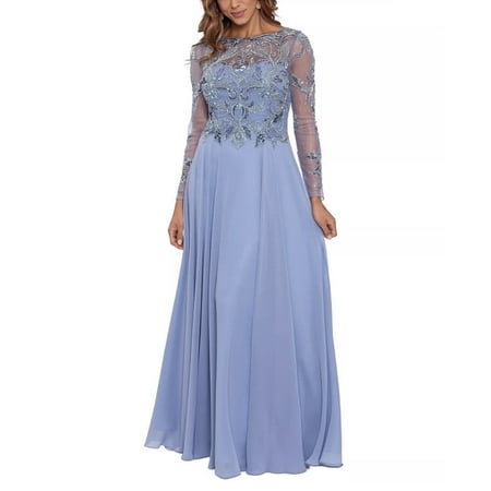 Xscape Petite Women's Blue Mesh Sleeve Long Embellished Gown Dress