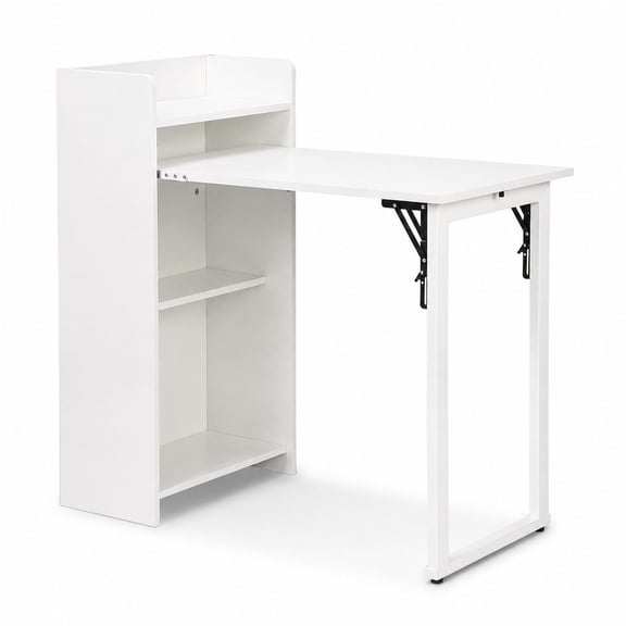 Space-Saving Foldable Desk with Built-in Outlet and Hidden Storage, Drop Down Wall Desk for Small Home Office and Bedroom, White
