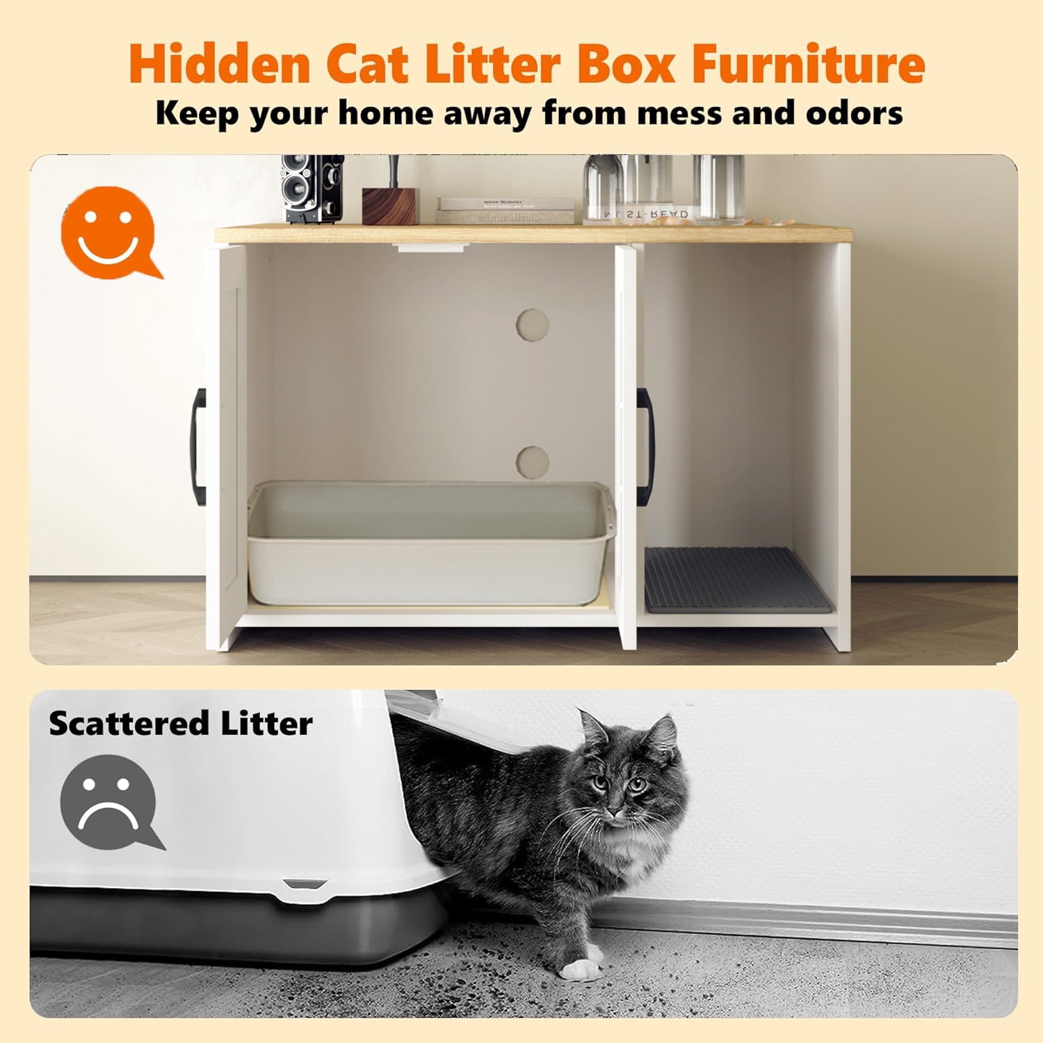 Cat Litter Box Enclosure, Hidden Litter Box Furniture with Divider, Indoor Cat House, Wooden pet House Side Table, for Living Room, Bedroom,White