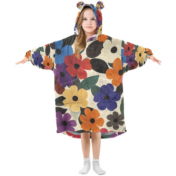 FORMRS Wearable Blanket Hoodie with Sleeves for Kids Cozy Flannel Sweatshirt, Large Colorful Flowers Pattern