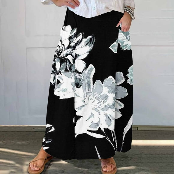 Sales Today Clearance Iumwxz Splicing Leisure A-Line Skirts with Pockets Summer Skirts Floral Graphic Skirts Elastic Mid Waist Maxi Skirt for Ladies Casual Birthday Party