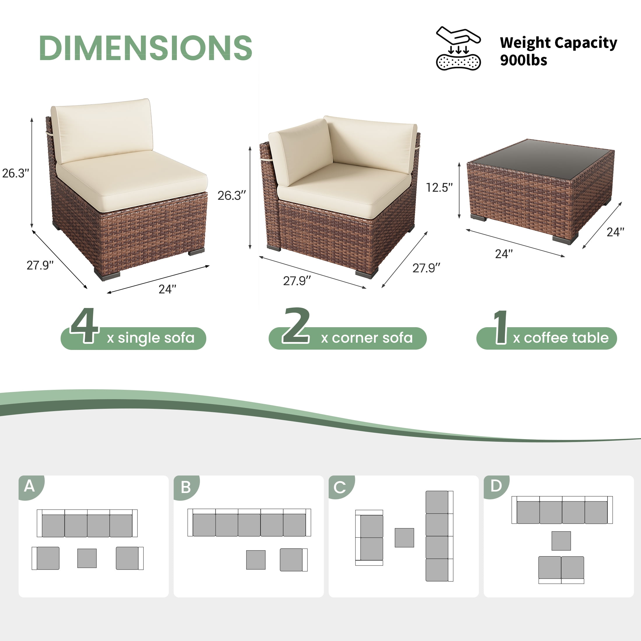 POTEBAN Patio Furniture Set, 7-Piece Outdoor Sectional All-Weather Wicker Patio Conversation Set for Backyard (Beige Cushions with Brown Rattan)