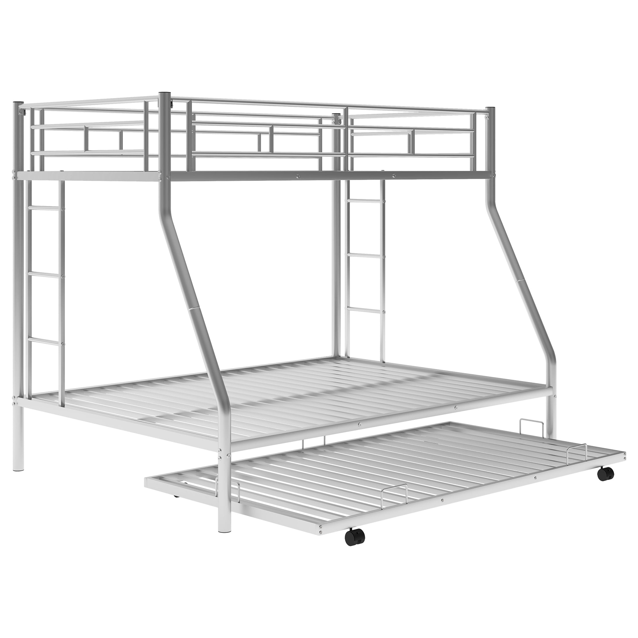 Aukfa Triple Bunk Bed, Twin over Full Bunk Bed with Trundle, 2 Ladders, Silver