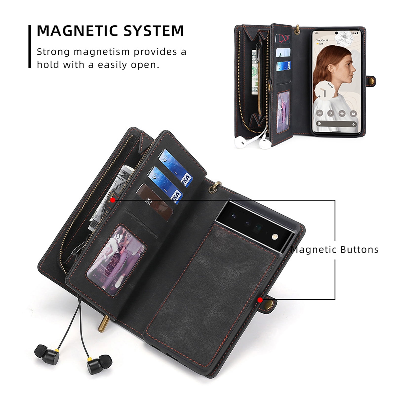 Defencase for Google Pixel 7 Pro Case for Women Men, Removable Durable PU Leather Magnetic Flip Strap Wristlet Zipper Purse Card Holder Detachable Wallet Phone Cases for Google Pixel 7 Pro, Black