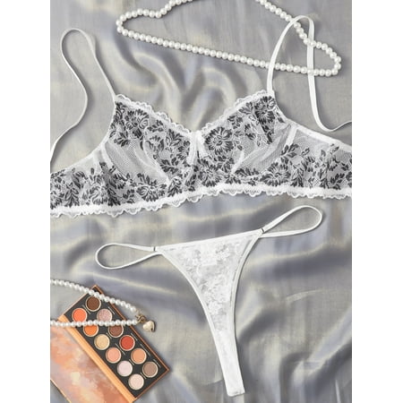 

Women s Plus Floral Lace Underwire Thong Lingerie Set 2022 Black and White A044W