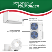 BRAVO 42,000 BTU 3 Zone 12000 + 12000 + 18000 BTU Wall Mount Ductless Mini Split A/C and Heater with 25ft Installation Kits