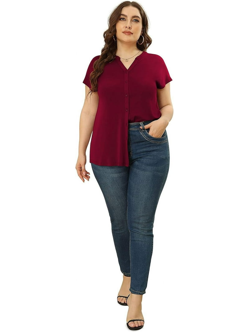 MONNURO Women's Plus Size 3/4 Sleeve V-Neck Tunic Top - Loose Flowy Swing Blouse For Leggings (White Black, 1X)