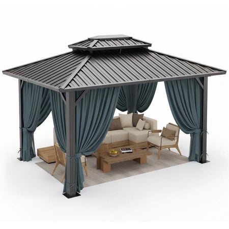 HOTEEL 10' x 12' Hardtop Gazebo, Outdoor Steel Double Galvanized Roof Canopy, Aluminum Frame Permanent Pavilion Metal Gazebo with Curtains and Netting, Sunshade for Patios, Gardens, Lawns, Black