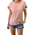 thumbnail image 1 of Blusas de Verano para Mujer, Camisetas Casuales de Corta, Cuello Redondo, Blusas Bohemias con Estampado Floral de Crochet. Rosa L, 1 of 10