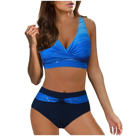Gubotare Women Two Piece Vintage Swimsuit Retro Halter Ruched High Waist Bikini with Bottom Blue S