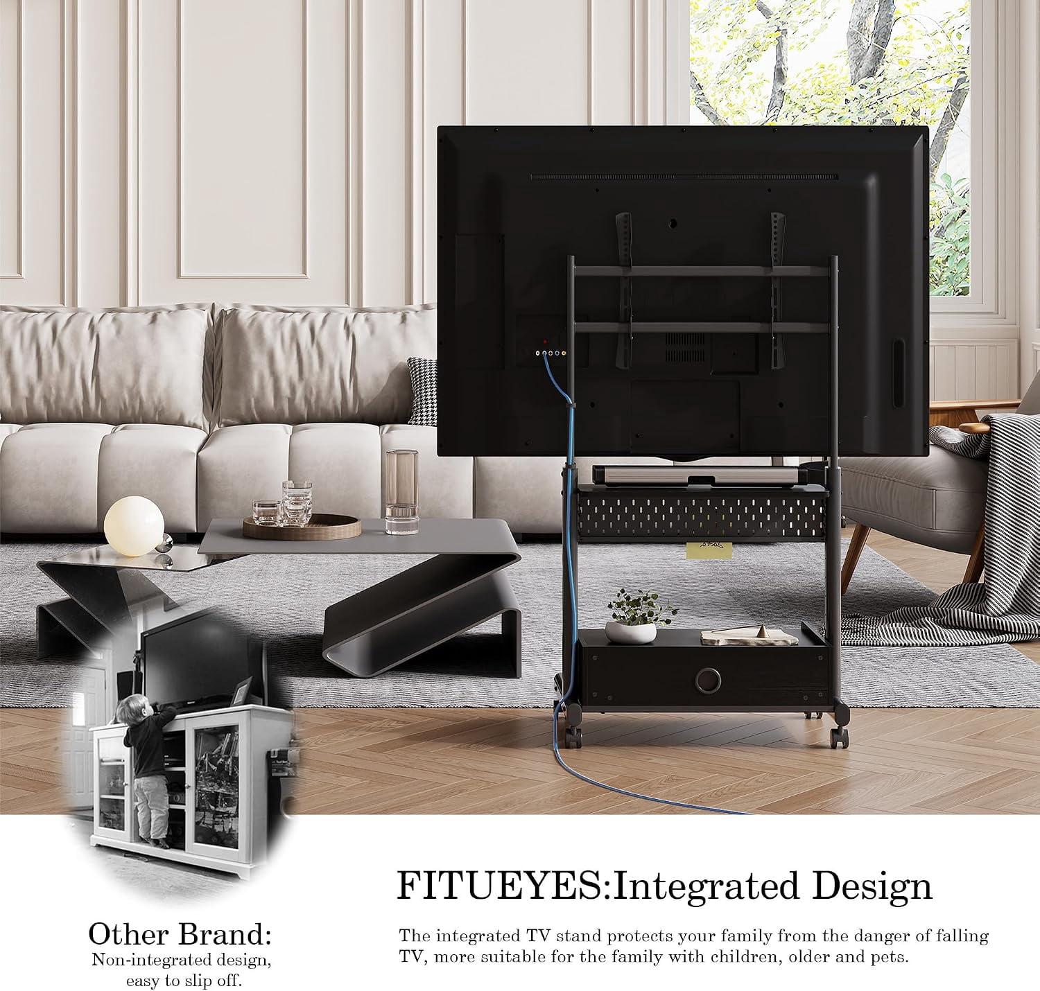FITUEYES Rolling TV Stand for 40–85 Inch TVs, Black, Drawers & Pegboard, Storage Shelf