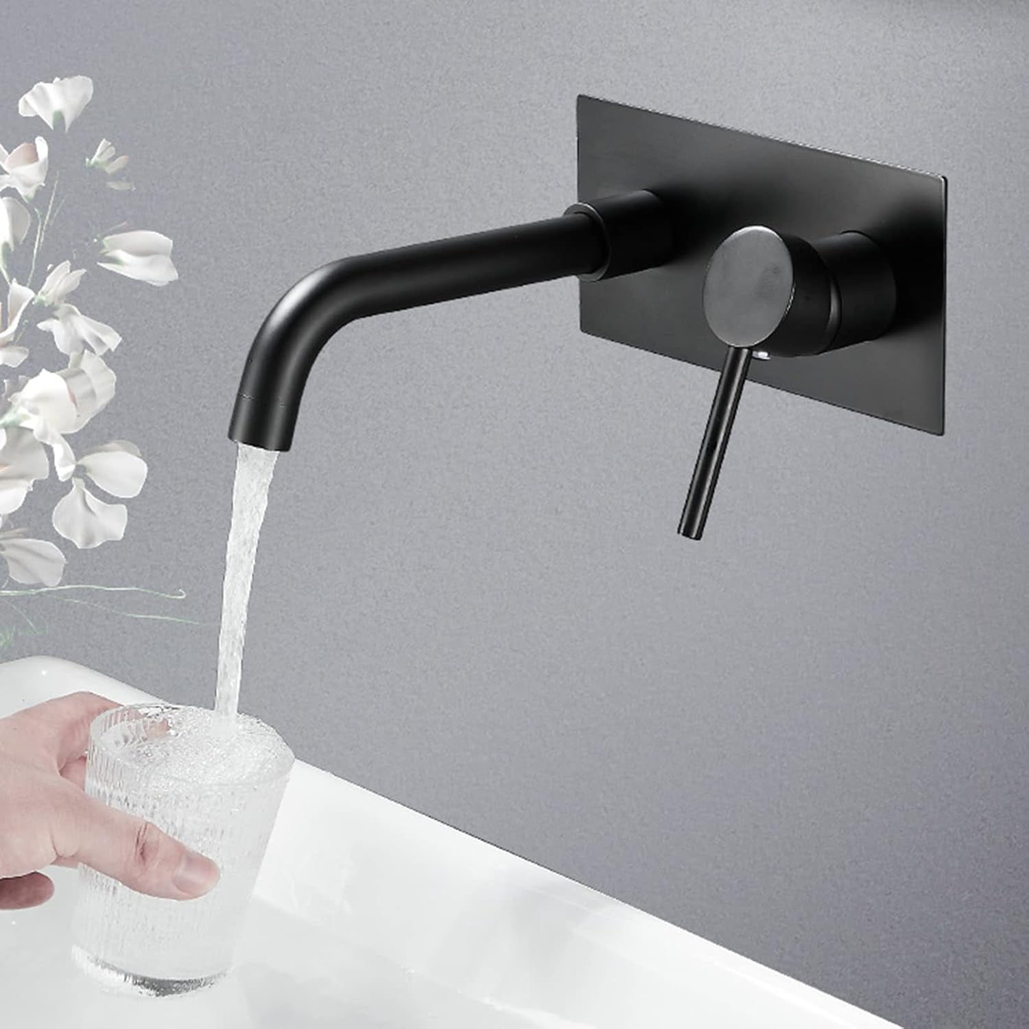 Bathroom Faucet Wall Mount,Single Handle Bathroom Faucet Wall Mount,Hot and Cold Sink Mixer Tap Faucet,1/2 Standard Thread,Black,Round