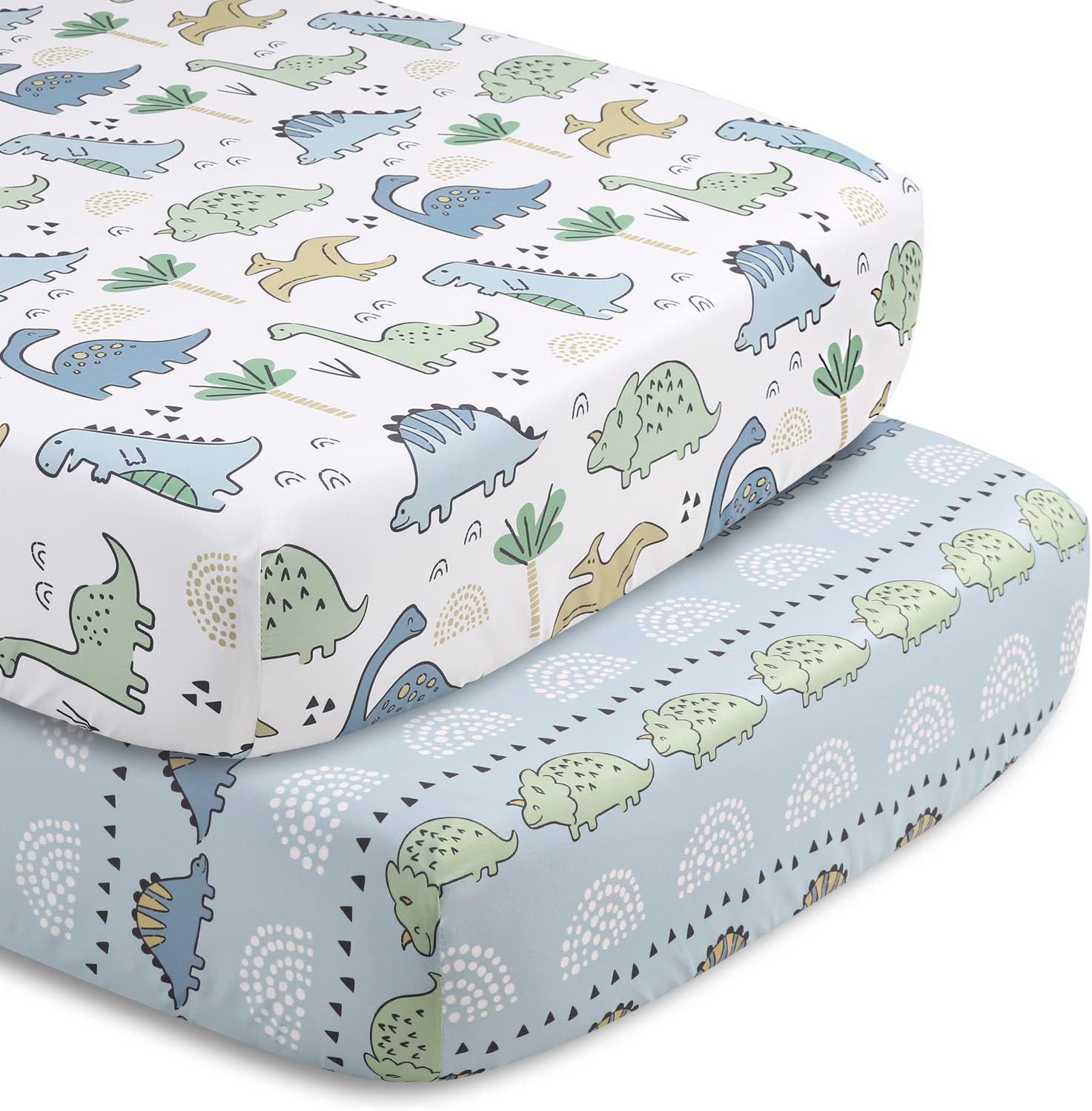 5 Piece Baby Crib Bedding Set for Boys - Newborn, Infant & Toddler Nursery Bed Set Decor with Fitted Crib Sheets, Blanket, Dust Ruffle Comforter - Blue Dino