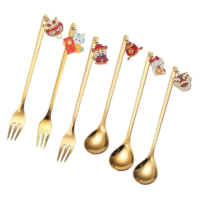 Juego de cubiertos dorados, cuchara de postre, vajilla reutilizable, utensilios con detalles dorados, cuchara de café para fiestas de año Nuevo Chino Estilo A