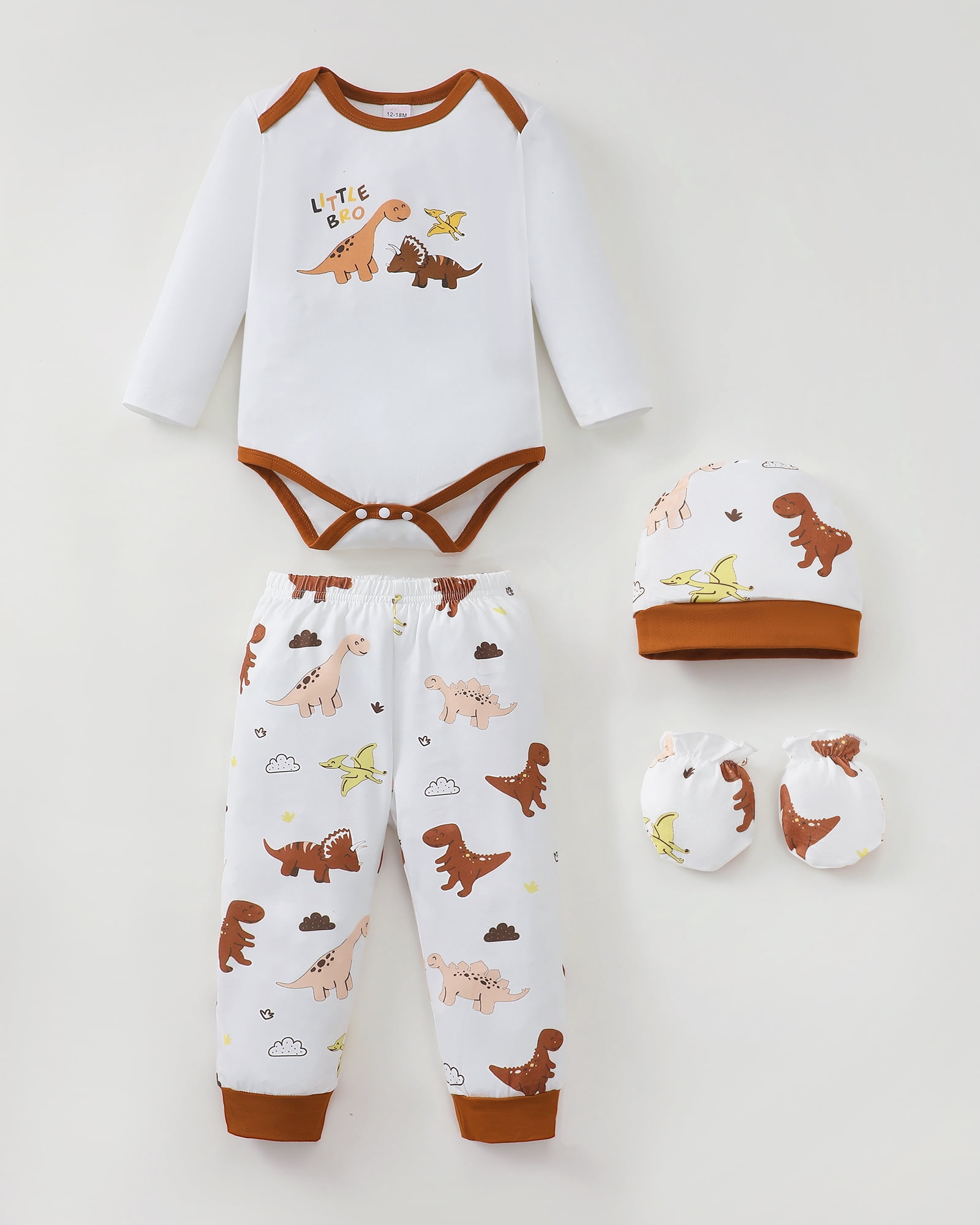 KIMI BEAR Newborn Baby Boys Layette Set 4 Packs Outfits Winter Clothes Sets Long Sleeves Romper Pants Dinosaur Print Stripped Top with Hat and Gloves 16pcs Gifts Brown 6-9 Months