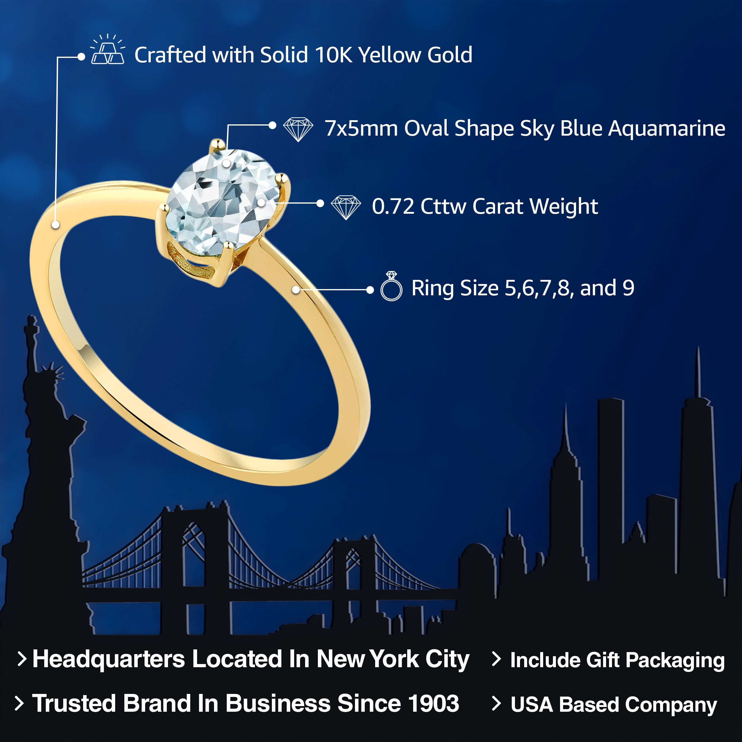 Gem Stone King 10K Yellow Gold Sky Blue Aquamarine Solitaire Engagement Ring for Women (0.72 Cttw, Oval 7X5MM, Gemstone March Birthstone, Size 9.5)