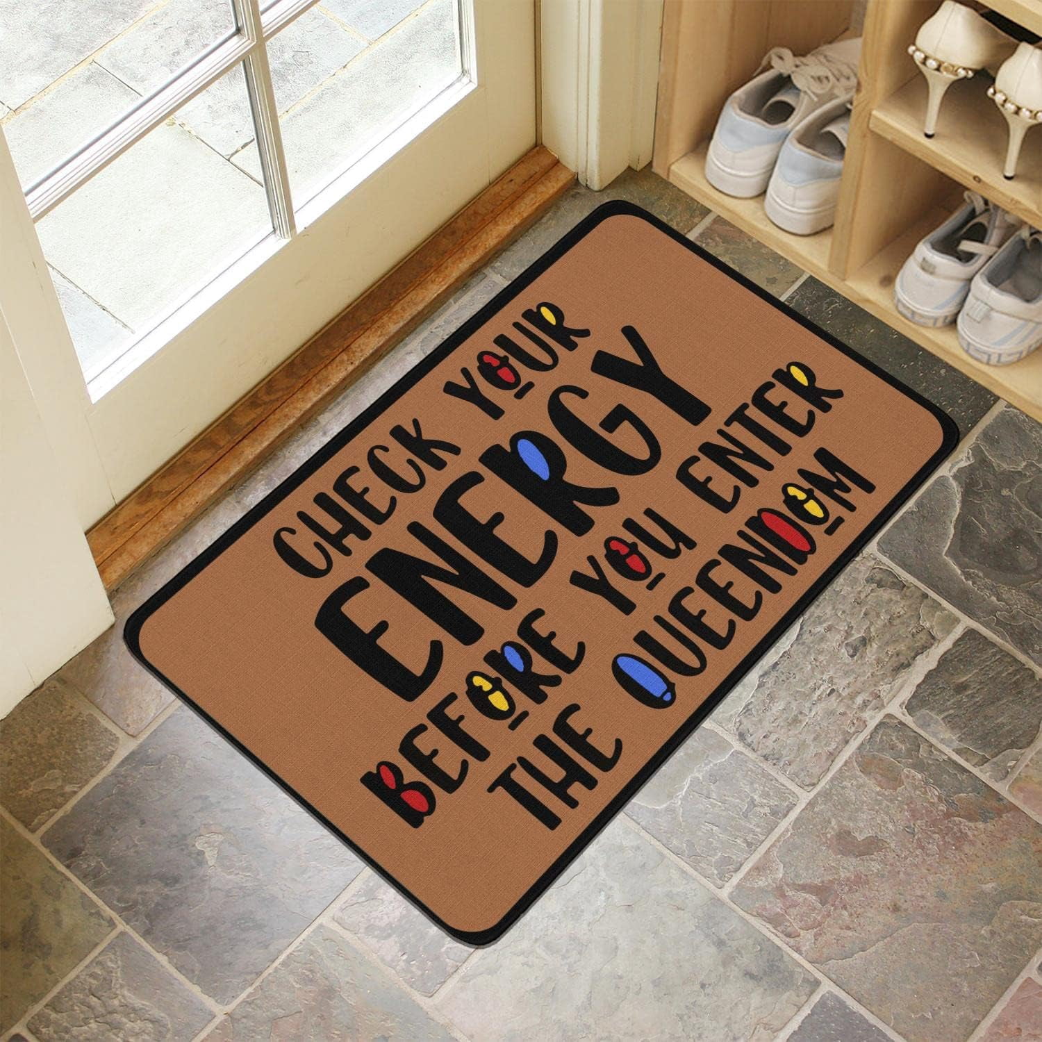 Linen Door Mat Check Your Energy Dirt Resist Funny Rug Indoor and Outdoor Front Entrance Doormat Home Decor Heavy Rubber Backing for Non Slip, 30" X 17"