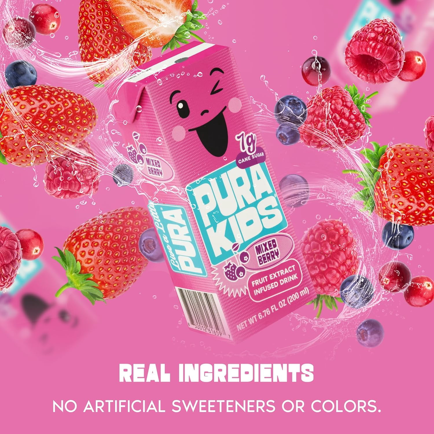 PURA Kids Box | Mixed Berry Fruit Extract Infused Drink for kids | 7g Of Pure Cane Sugar | Non-GMO | Vegan, No Artificial Sweeteners | Lunchbox Beverage with Paper Straw | 6.67 fl oz (200ml) 24-Pack