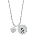 thumbnail image 1 of Delight Jewelry Silvertone Small Heart with Cross & Fish with Crystal Silvertone Script Initial Disc - S - Charm Necklace, 20"+3", 1 of 4