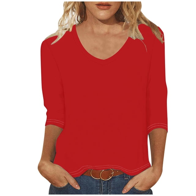 GigrtiJin Chemises à Manches 3/4 pour Femmes Mode Couleur Unie Col Rond Hauts Blouses Décontractées Amples Basiques