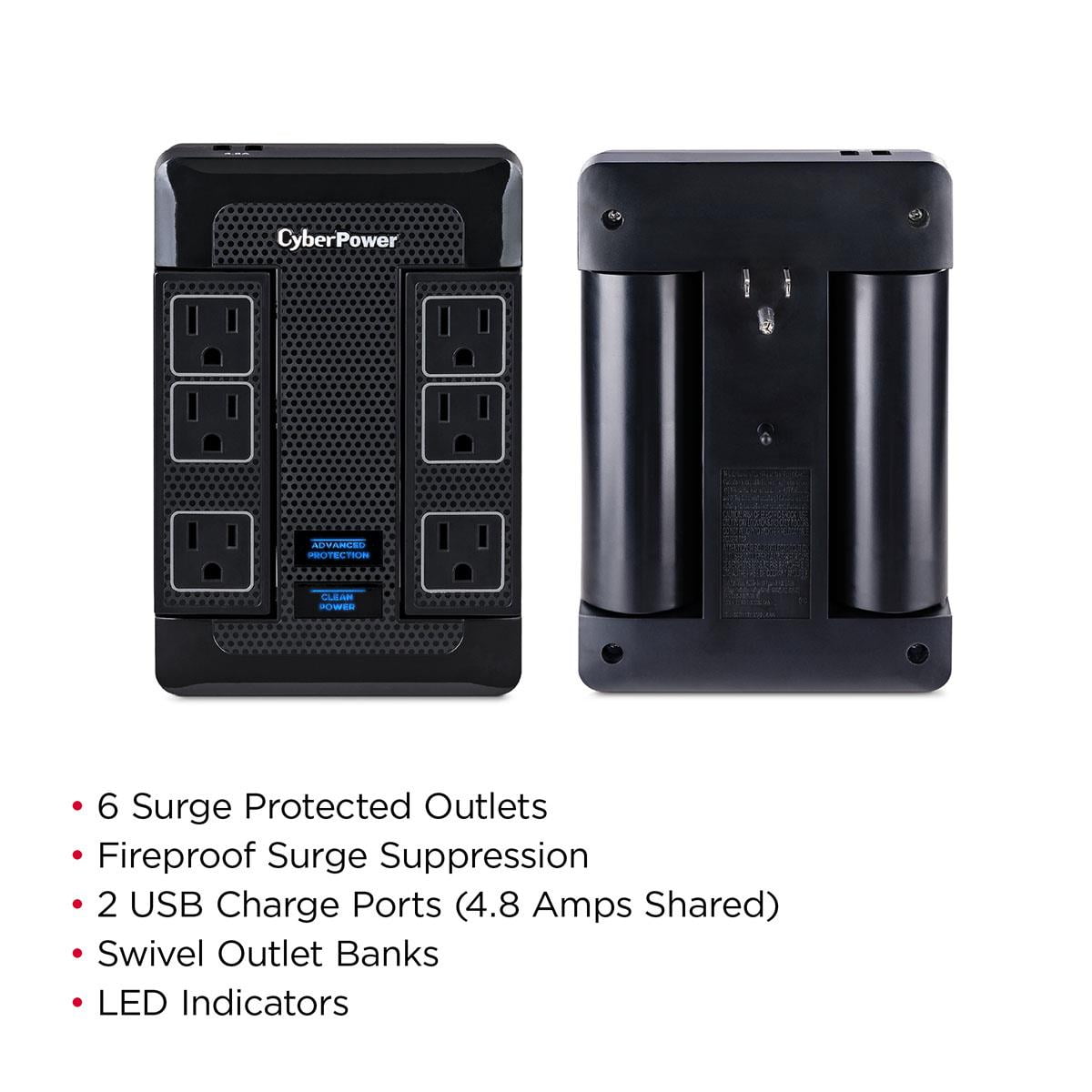 CyberPower HT600WSU2A 6-Outlet 500V Wall Mount Surge Protector, Black