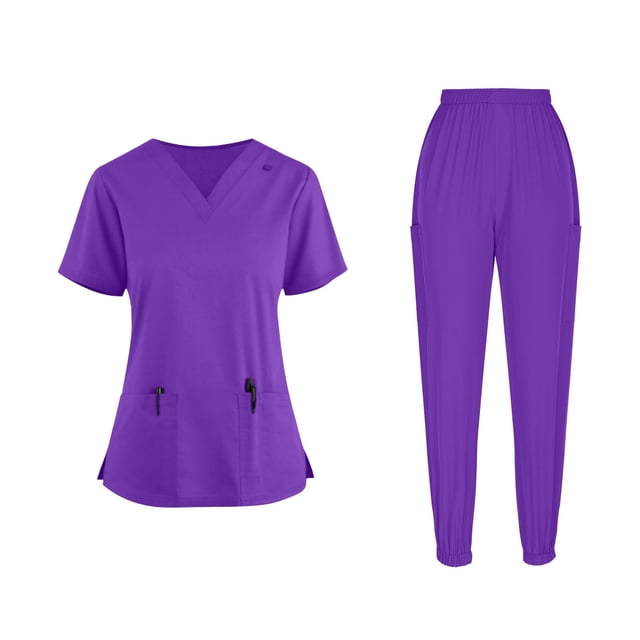 Pantalones Elásticos de la Cintura de las Mujeres de Color Sólido V-Cuello de Bolsillo con los Pantalones Largos de Fijación de Pies, Ropa de Enfermera de Limpieza en Seco