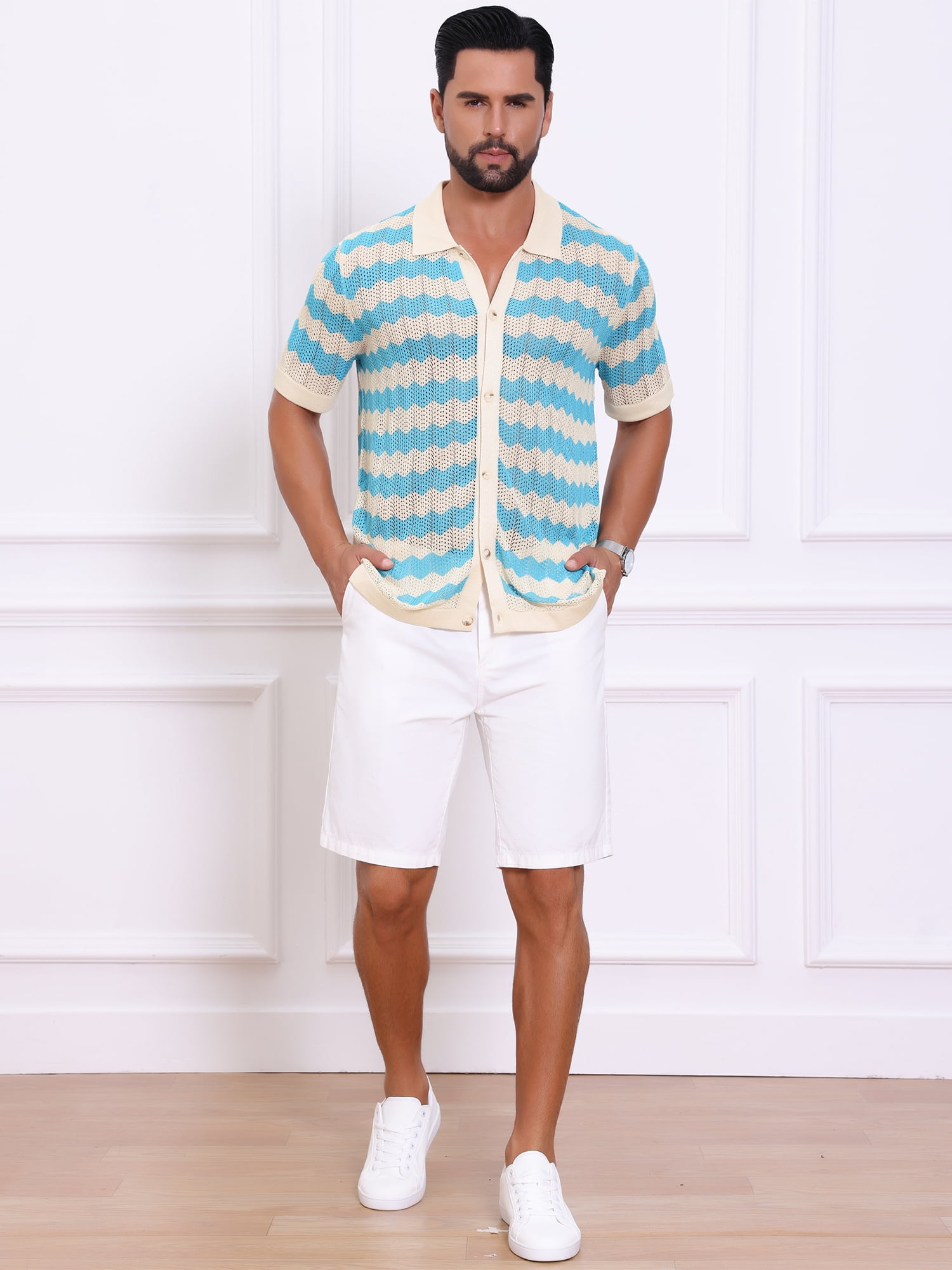DARING DIVA Men's Wave Crochet Hollow Out Button Down Striped Shirts S Blue