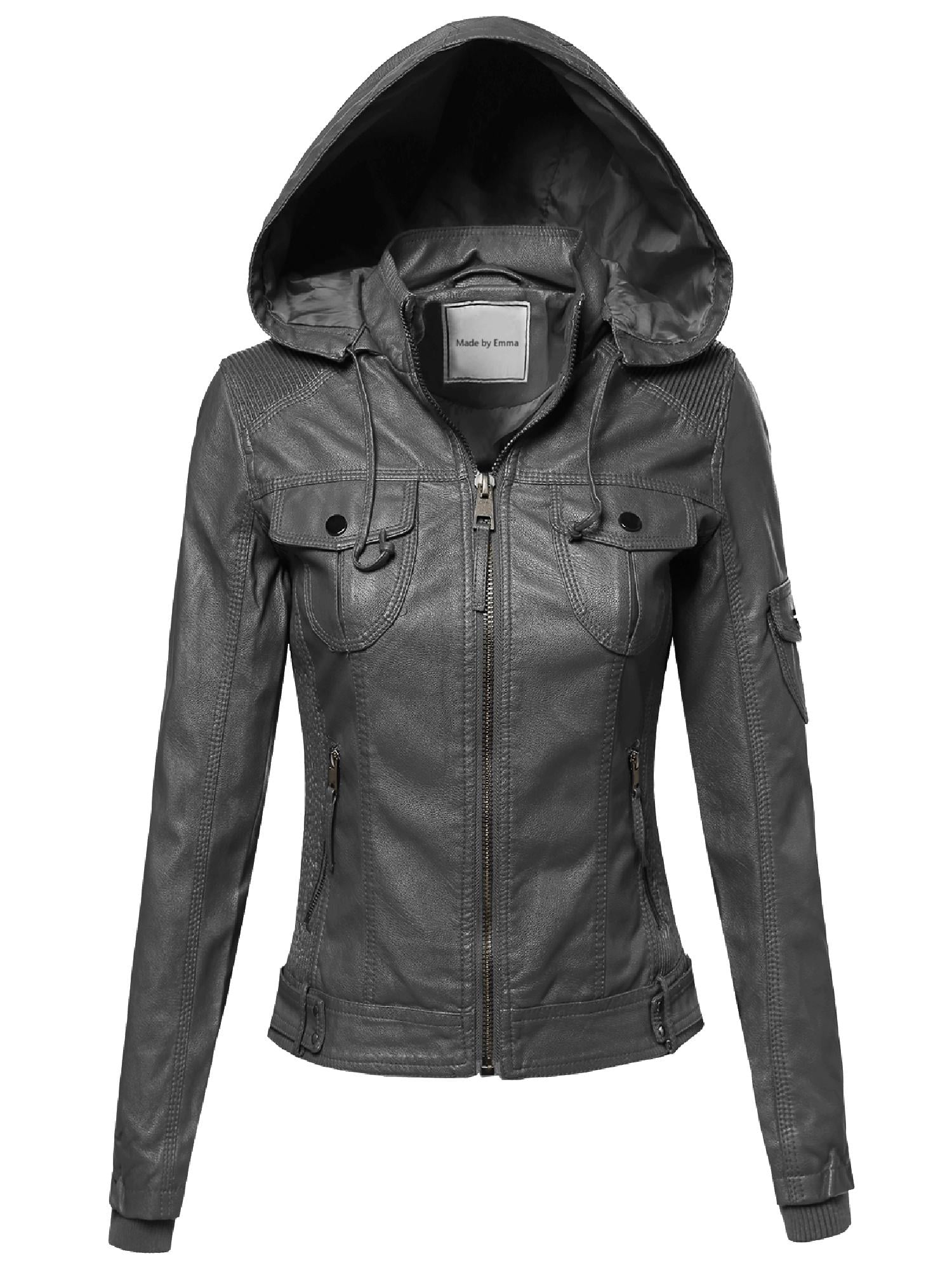 FashionOutfit Women's Faux Leather Jacket With Detachable Hood - Walmart.com