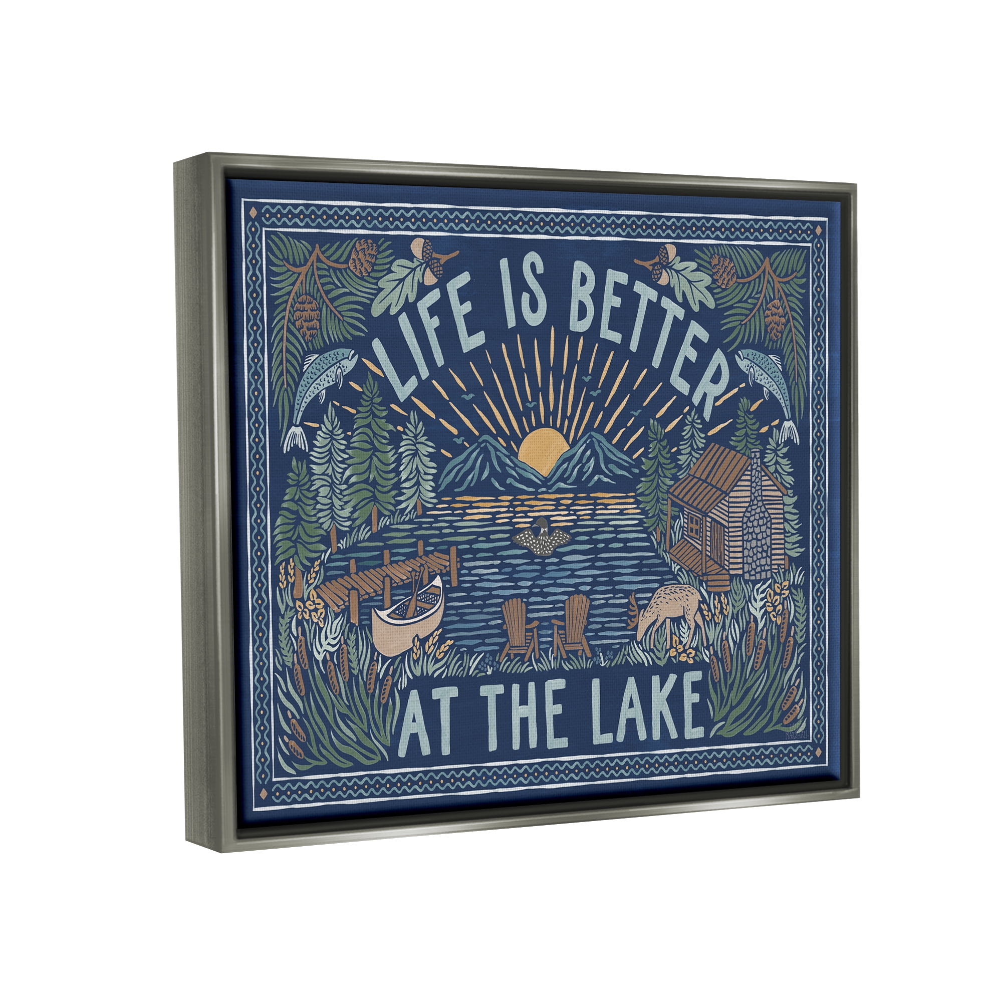 Stupell Industries Night Lake Scene Phrase Nature Painting Gray Floater Framed Art Print Wall Art, 31 x 25