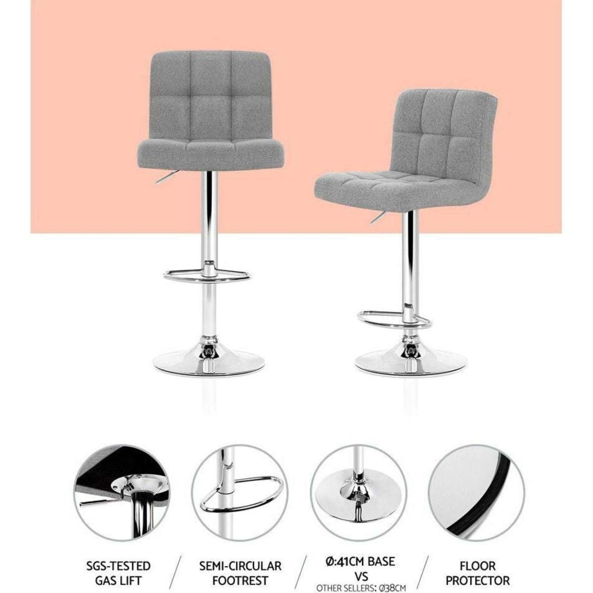 Heavenly Collection | Tabouret réglable Paul avec revêtement gris pour îlot de cuisine ou bar| Set 2