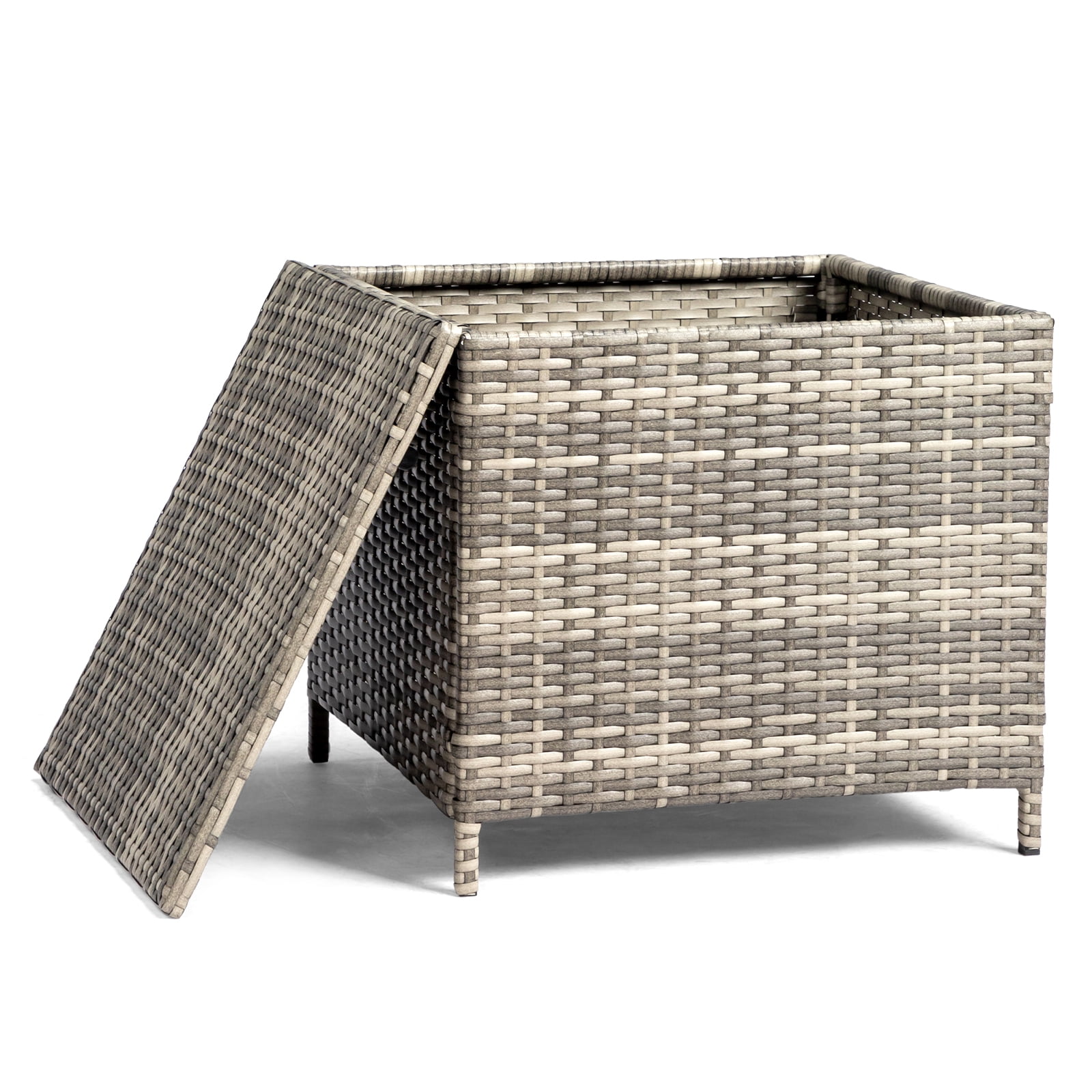 27-Gallon Outdoor PE Wicker Side Table with Storage, All-Weather, Dual-Function, Steel Frame, Grey