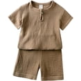 thumbnail image 2 of MYGBCPJS Conjunto de 2 piezas de ropa de lino y algodón sólido para niños y niñas, camiseta de manga corta + pantalones cortos de cintura elástica, 2 of 4