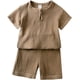 thumbnail image 2 of MYGBCPJS Conjunto de 2 piezas de ropa de lino y algodón sólido para niños y niñas, camiseta de manga corta + pantalones cortos de cintura elástica, 2 of 5