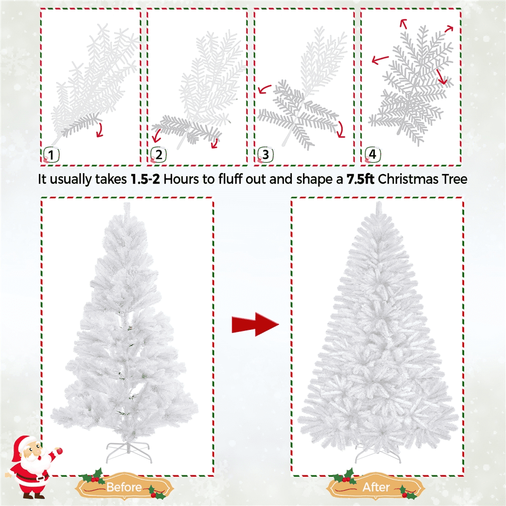 Alden Design 7.5ft Pre-Lit Fir Artificial Christmas Tree with Foldable Stand, White
