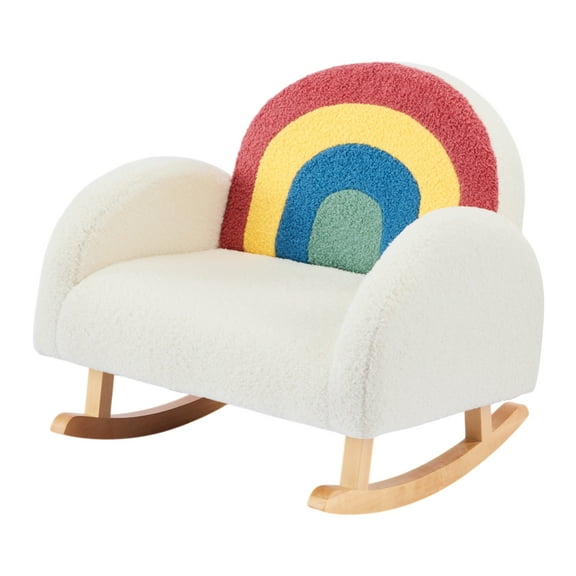 Matladin Kids Rocking Chair, Rainbow Teddy Fleece Toddler Rocking Chair with Solid Wood Legs, Kids Furniture Sofa with Anti-Tip Design for Bedroom