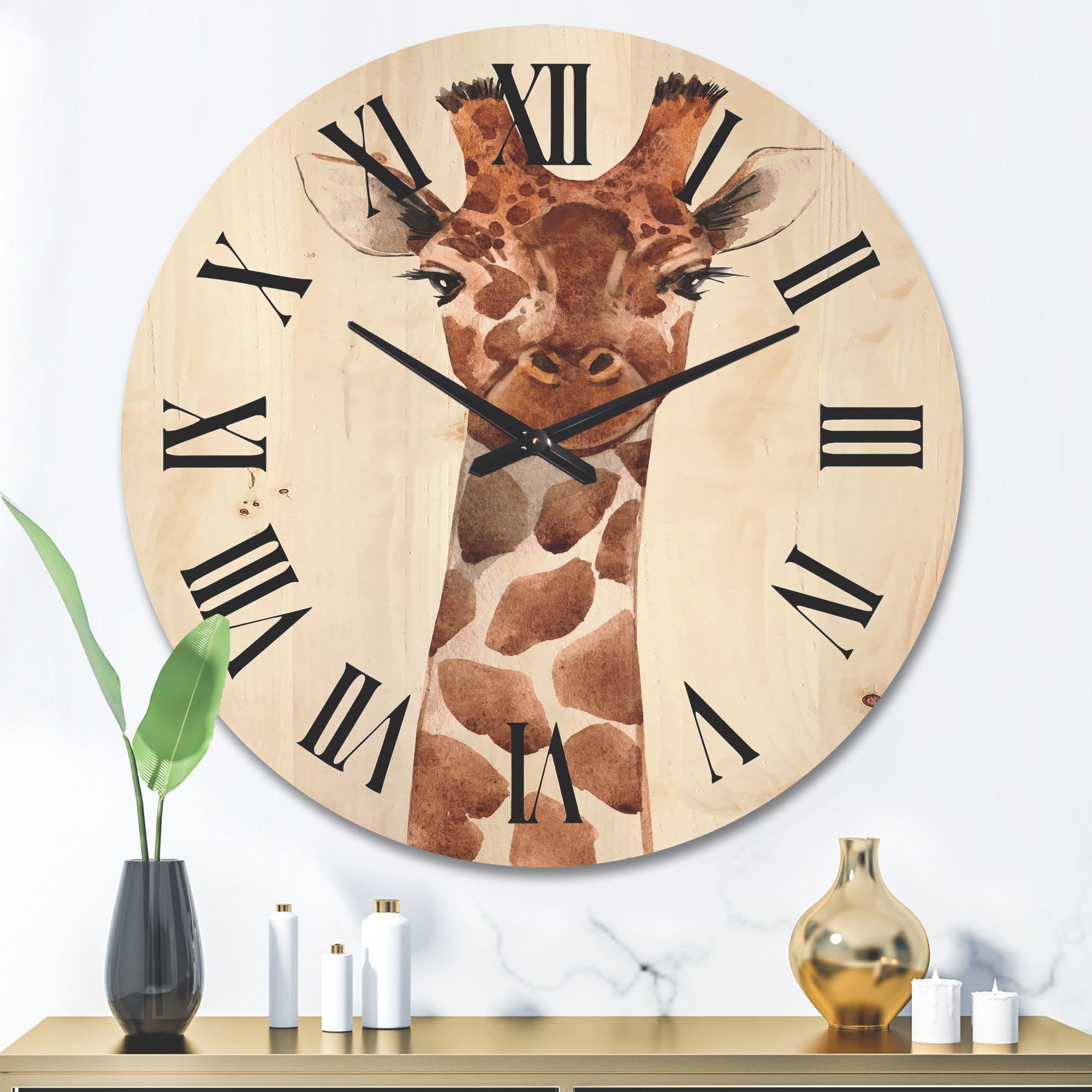 Designart 'Close Up Portrait of A Giraffe XI' Farmhouse Wood Wall Clock