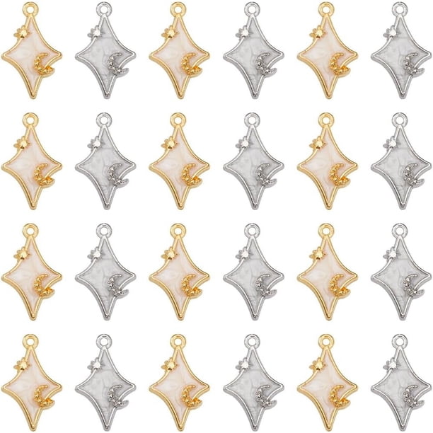 1 caja de 32 dijes de luna y estrella dorados, dijes celestiales a granel, dijes de estrellas pequeñas de metal esmaltado plateado, bricolaje