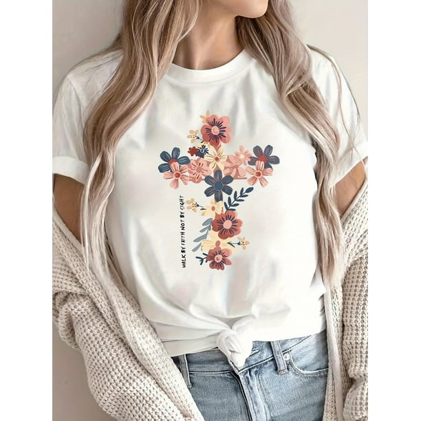 Women's Soft Cotton Christian T-Shirt - Floral Cross Design, Crew Neck Short Sleeve Casual Top for Spring & Summer, Machine Washable, Cute T Shirts, Comfortable Fit Tee, Breathable Material